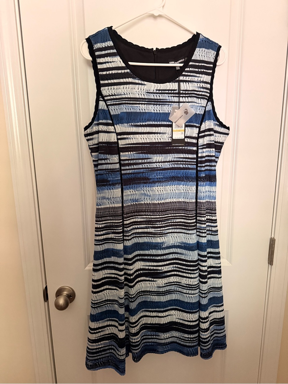 Karl Lagerfeld Sleeveless Striped A-Line Dress - Blue, Black, White